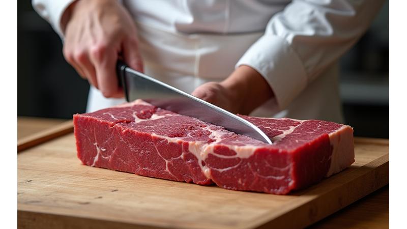 熟練の職人が和牛を丁寧にカットしている手元のクローズアップ